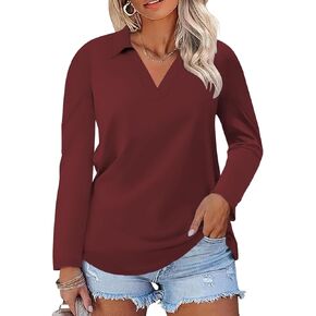 DOLNINE Womens Plus-Size-Polo-Shirts Classic V Neck Casual Solid Color Long Sleeve Collared Loose Tunic Tops XL-5XL