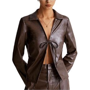 MakeMeChic Women's Faux PU Leather Jacket Tie Front Tops Long Sleeve Jackets Outerwear