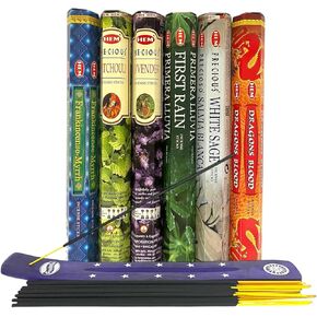 Hem Incense Sticks Variety Pack #1-120 Insence-Sticks (6 Incents x 20 Insense) + Incense Stick Holder Bundle with 6 Top Scents Including Lavender Patchouli Dragons Blood White Sage