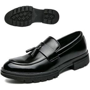 Men's Fashion Tassel Platform Loafers Comfortable Wide Round Toe Slip on Lug Sole Low Block Heel Business Dress Shoes Non-Slip Work Office Casual Shoes