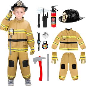 deAO Fireman Costume for Kids Firefighter Dress-Up Toy Set with Accessories Halloween Costumes Pretend Play Toy Gift for Boy