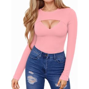 HERLOLLYCHIPS Womens Long Sleeve Tops Cut Out Front Ribbed Fitted Sexy Casual Dressy Fall Tee T-Shirts Tshirt