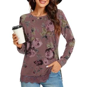 TAOHUADAO Women's Casual Long Sleeve Tops Lace Hem T-Shirt Side Split Tunic