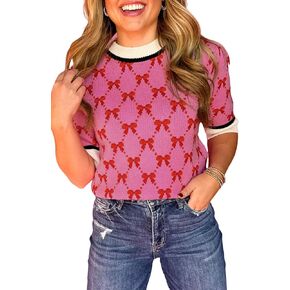 Ecosunny Women's Casual Round Neck Short Sleeve Shirts Bow Print Sweater Loose Tunic Blouses Tops