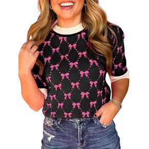 Ecosunny Women's Casual Round Neck Short Sleeve Shirts Bow Print Sweater Loose Tunic Blouses Tops in Kuwait