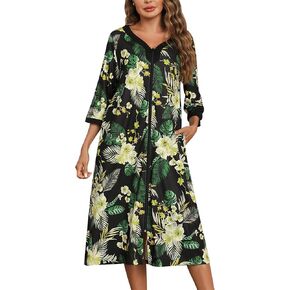 Marvmys Women's Zipper Robe 3/4 Sleeve Housecoats Moo Moo House Dress Long Nightgown with Pockets
