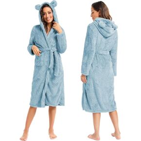 JBT Long Premium Fleece Robe for Women, Plush Women's Hooded Nightgown with Ears, Warm Sleepwear with Deep Pockets