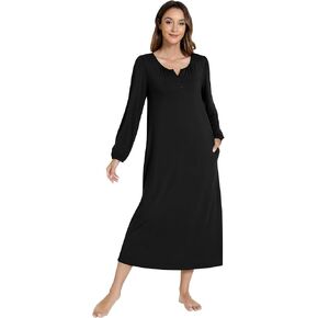 NACHILA Nightgowns for Women-Viscose Made from Bamboo, Long Sleeve Sleepshirt Soft Long Sleepwear Full Length Nightshirt