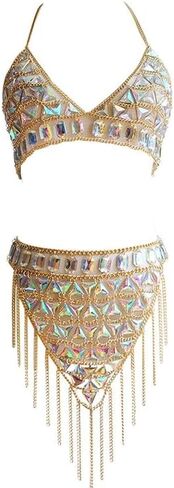 Sexy Body Chain Jewelry Layered Tassel Strap Acrylic Bra Midriff Chain Set Beach Glow Halloween Party Jewelry Set in Kuwait