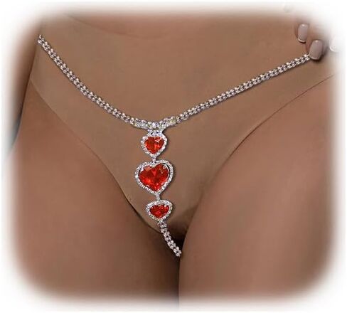 Sexy Red Heart Rhinestone Panties Thong Crystal Chain Thong Bikini Body Jewelry Rave G-String Chain for Women in Saudi Arabia