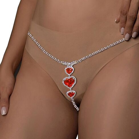Sexy Red Heart Rhinestone Panties Thong Crystal Chain Thong Bikini Body Jewelry Rave G-String Chain for Women in Saudi Arabia