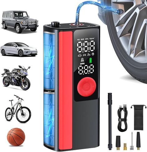 Cordless Tire Inflator Portable Air Compressor - 150PSI Air Pump for Car Tires, Inflatables, Compact Bike Pump, Multipurpose Tire Pump for Car, Red, Large in Saudi Arabia