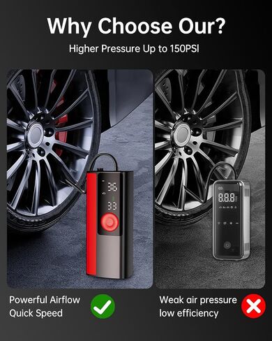 Cordless Tire Inflator Portable Air Compressor - 150PSI Air Pump for Car Tires, Inflatables, Compact Bike Pump, Multipurpose Tire Pump for Car, Red, Large in Saudi Arabia