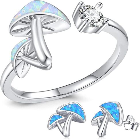 خاتم الفطر قابل للتعديل ولطيف الفطر أقراط S 925 الفضة الاسترليني الأزرق أوبال الفطر مجموعة مجوهرات هدايا للفتيات النساء المراهقات (العقيق الأزرق) in Kuwait