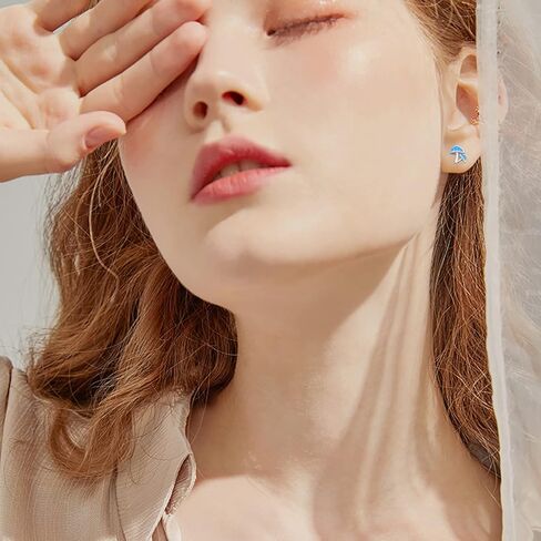 خاتم الفطر قابل للتعديل ولطيف الفطر أقراط S 925 الفضة الاسترليني الأزرق أوبال الفطر مجموعة مجوهرات هدايا للفتيات النساء المراهقات (العقيق الأزرق) in Kuwait