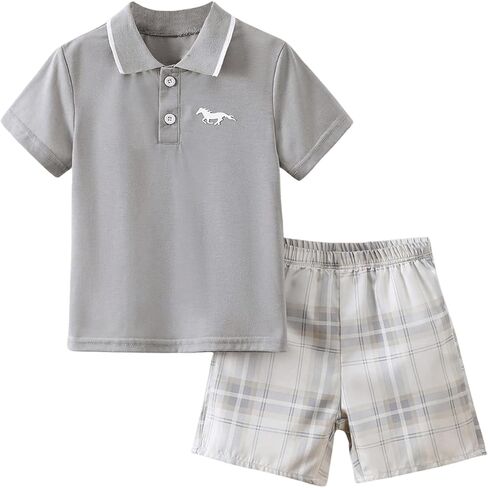SweatyRocks Boy's 2 Piece Outfits Printed Half Button Short Sleeve Top and Plaid Shorts Clothing Set in Saudi Arabia