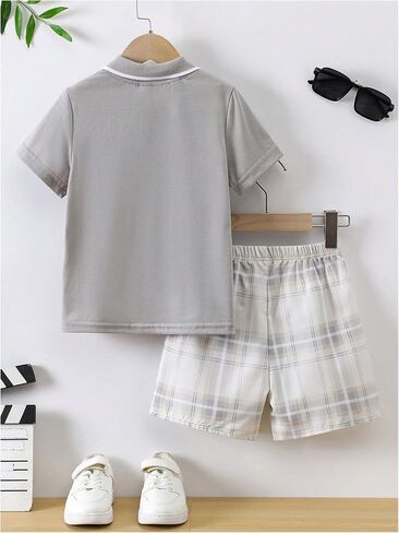 SweatyRocks Boy's 2 Piece Outfits Printed Half Button Short Sleeve Top and Plaid Shorts Clothing Set in Saudi Arabia