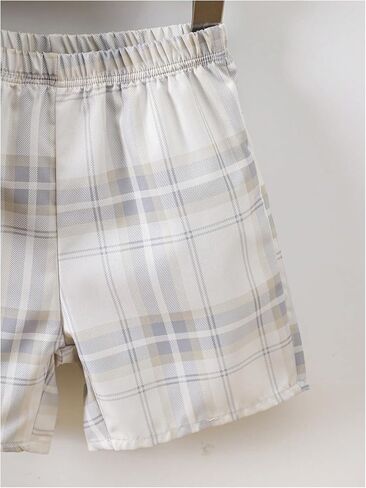 SweatyRocks Boy's 2 Piece Outfits Printed Half Button Short Sleeve Top and Plaid Shorts Clothing Set in Saudi Arabia