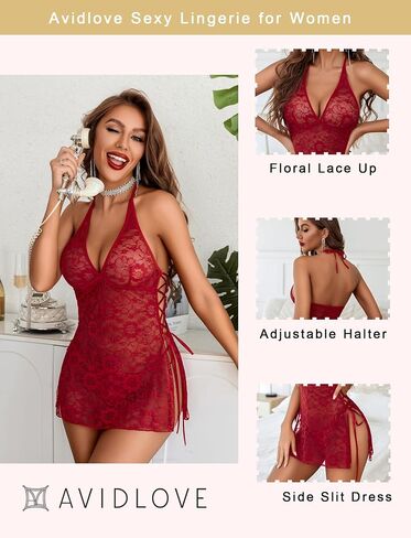 Avidlove Sexy Lingerie for Women Deep V-Neck Lace Babydoll Chemise Sleepwear Side Slit Boudoir Outfits in Saudi Arabia