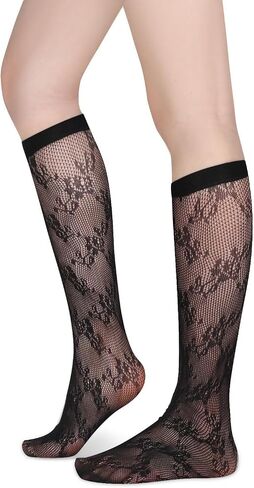 Benefeet Sox Womens Fishnet Knee High Socks White Black Lace Mesh Sexy Stockings Hollow Out Sheer Trouser Socks Calf Socks in Kuwait