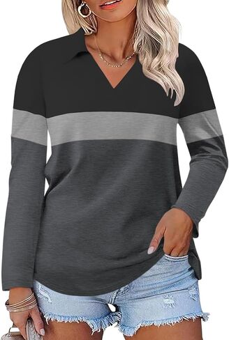 DOLNINE Womens Plus-Size-Polo-Shirts Classic V Neck Casual Solid Color Long Sleeve Collared Loose Tunic Tops XL-5XL in Saudi Arabia
