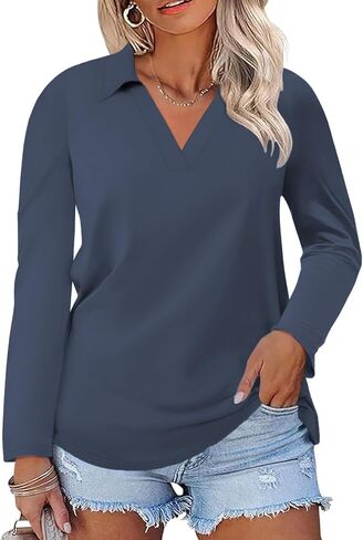 DOLNINE Womens Plus-Size-Polo-Shirts Classic V Neck Casual Solid Color Long Sleeve Collared Loose Tunic Tops XL-5XL in Saudi Arabia