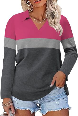 DOLNINE Womens Plus-Size-Polo-Shirts Classic V Neck Casual Solid Color Long Sleeve Collared Loose Tunic Tops XL-5XL in Saudi Arabia