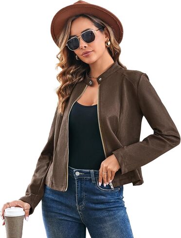 VOBCTY Women Long Sleeve Suede Leather Jacket 2024 Crew Neck Full Zip Vintage Oversized Outerwear Coat in Saudi Arabia
