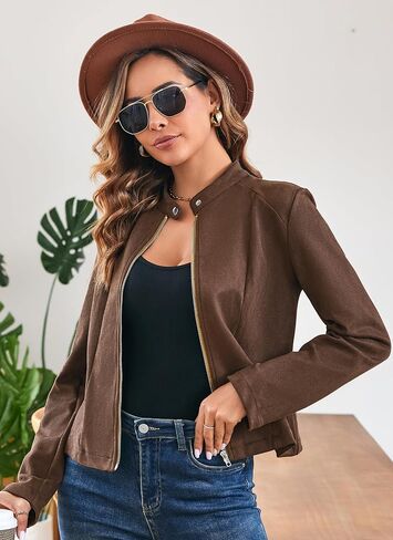 VOBCTY Women Long Sleeve Suede Leather Jacket 2024 Crew Neck Full Zip Vintage Oversized Outerwear Coat in Saudi Arabia