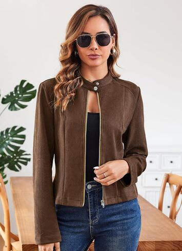VOBCTY Women Long Sleeve Suede Leather Jacket 2024 Crew Neck Full Zip Vintage Oversized Outerwear Coat in Saudi Arabia