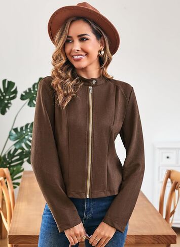 VOBCTY Women Long Sleeve Suede Leather Jacket 2024 Crew Neck Full Zip Vintage Oversized Outerwear Coat in Saudi Arabia