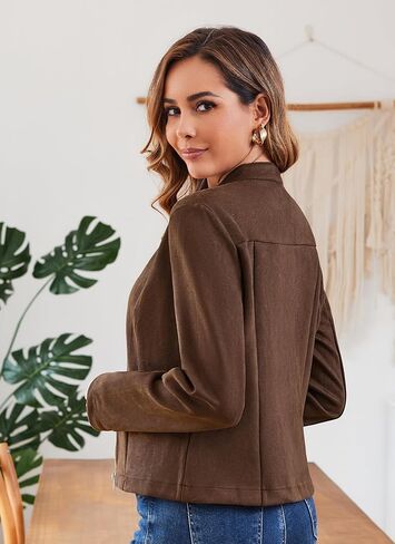 VOBCTY Women Long Sleeve Suede Leather Jacket 2024 Crew Neck Full Zip Vintage Oversized Outerwear Coat in Saudi Arabia