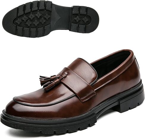 Men's Fashion Tassel Platform Loafers Comfortable Wide Round Toe Slip on Lug Sole Low Block Heel Business Dress Shoes Non-Slip Work Office Casual Shoes in Kuwait