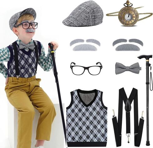 Kids 100 Days of School Costume for Boys - Halloween Old Man Costume Hat Glasses and Grandpa Vest Set for Child in Kuwait