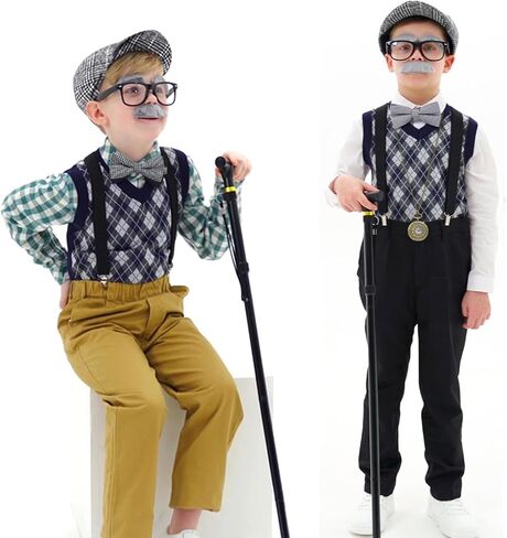 Kids 100 Days of School Costume for Boys - Halloween Old Man Costume Hat Glasses and Grandpa Vest Set for Child in Kuwait
