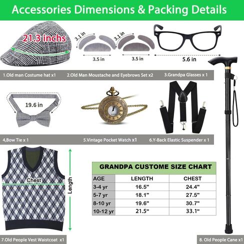 Kids 100 Days of School Costume for Boys - Halloween Old Man Costume Hat Glasses and Grandpa Vest Set for Child in Kuwait
