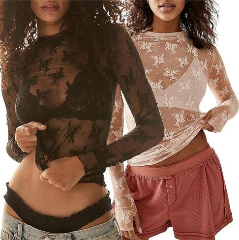 2 Pack Women's Long Sleeve Lace Tops Mesh Tops Sheer Layering Top Sexy Mock Neck Floral See Through Shirt Blouse in Kuwait