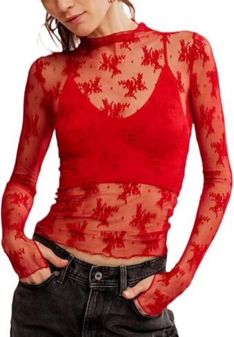 2 Pack Women's Long Sleeve Lace Tops Mesh Tops Sheer Layering Top Sexy Mock Neck Floral See Through Shirt Blouse in Kuwait