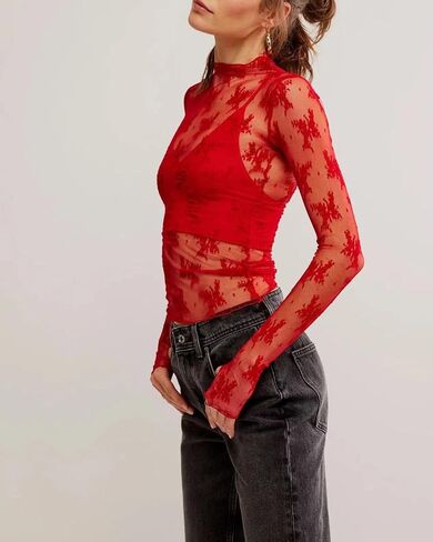 2 Pack Women's Long Sleeve Lace Tops Mesh Tops Sheer Layering Top Sexy Mock Neck Floral See Through Shirt Blouse in Kuwait