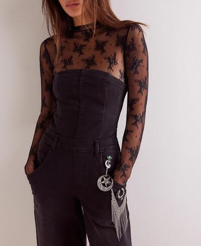 2 Pack Women's Long Sleeve Lace Tops Mesh Tops Sheer Layering Top Sexy Mock Neck Floral See Through Shirt Blouse in Kuwait