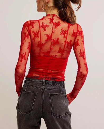 2 Pack Women's Long Sleeve Lace Tops Mesh Tops Sheer Layering Top Sexy Mock Neck Floral See Through Shirt Blouse in Kuwait