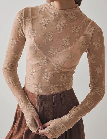 2 Pack Women's Long Sleeve Lace Tops Mesh Tops Sheer Layering Top Sexy Mock Neck Floral See Through Shirt Blouse in Kuwait
