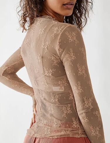 2 Pack Women's Long Sleeve Lace Tops Mesh Tops Sheer Layering Top Sexy Mock Neck Floral See Through Shirt Blouse in Kuwait