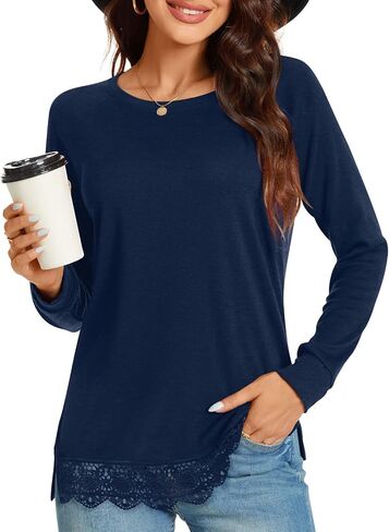TAOHUADAO Women's Casual Long Sleeve Tops Lace Hem T-Shirt Side Split Tunic in Kuwait
