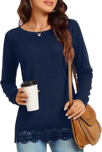 TAOHUADAO Women's Casual Long Sleeve Tops Lace Hem T-Shirt Side Split Tunic in Kuwait