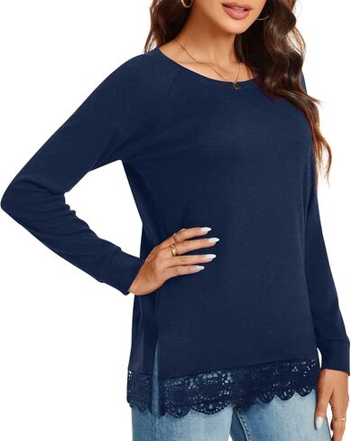 TAOHUADAO Women's Casual Long Sleeve Tops Lace Hem T-Shirt Side Split Tunic in Kuwait