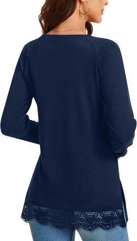 TAOHUADAO Women's Casual Long Sleeve Tops Lace Hem T-Shirt Side Split Tunic in Kuwait