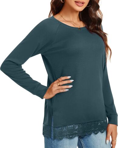 TAOHUADAO Women's Casual Long Sleeve Tops Lace Hem T-Shirt Side Split Tunic in Kuwait