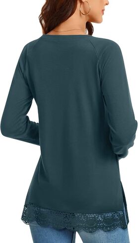 TAOHUADAO Women's Casual Long Sleeve Tops Lace Hem T-Shirt Side Split Tunic in Kuwait