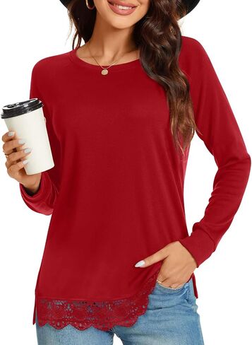 TAOHUADAO Women's Casual Long Sleeve Tops Lace Hem T-Shirt Side Split Tunic in Kuwait